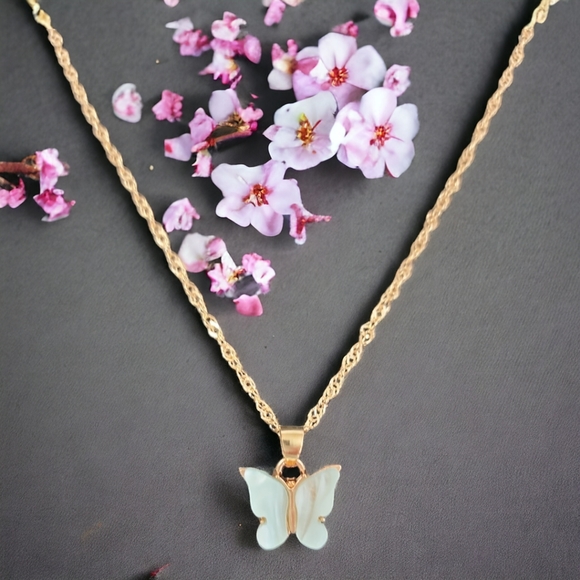 Gold Tone Light Blue Butterfly Pendant Necklace - Picture 5 of 12